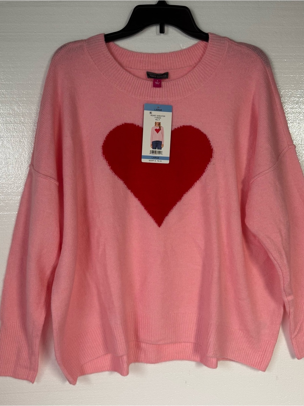 Vince Camuto Sweater Women L Pink Red Heart Love Valentine Crewneck Knit Ribbed